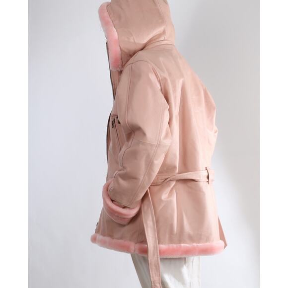 Vintage Tanners Avenue Baby Pink Leather Fur Lining Zip Hooded Jacket Size M - Picture 1 of 16